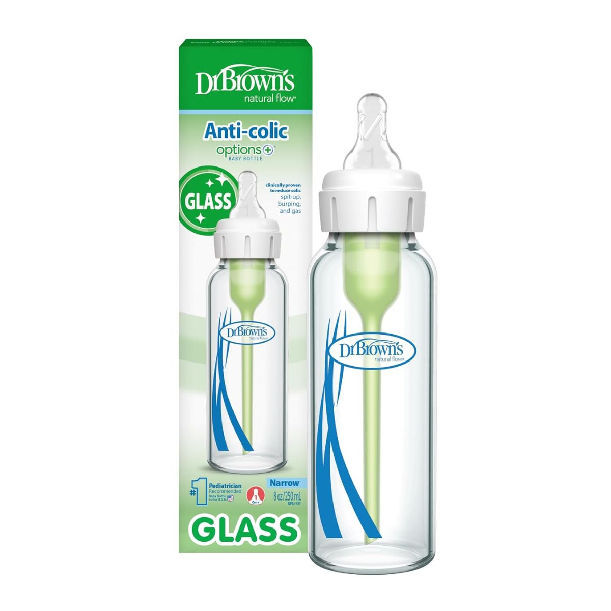 Mamadeira de Vidro Dr. Brown’s Natural Flow Anti-Colic Options+ 250ML - Durable 8 oz Glass Bottle